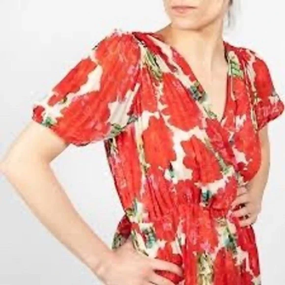 The Kooples Red Rose Floral Wrap Puff Sleeve Mini Dress Handkerchief Hem Small - Picture 2 of 13